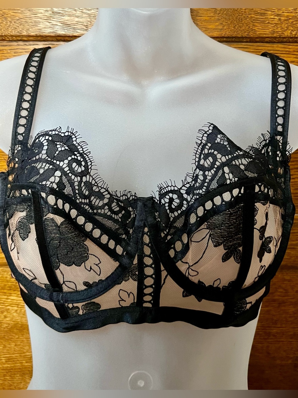 Honey Birdette Black Lace Embroidered Balconette Bra